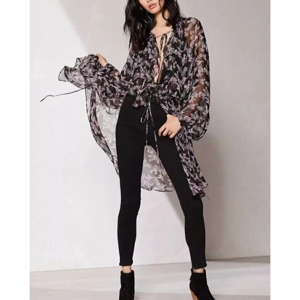 Victoria's Secret Women XS/S Black Sheer Floral Chiffon Kimono Duster Cover Up